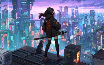 Wallpaper Cyberpunk Anime Girl Cat Sci-Fi City
