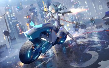 Wallpaper Cyberpunk Anime Girl Gun Motorcycle