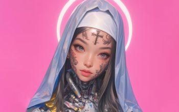 Wallpaper Cyberpunk Anime Girl Nun with Tattoo