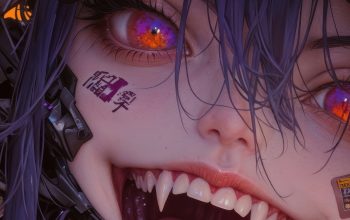 Wallpaper Cyberpunk Anime Girl with Fangs Tongue Out