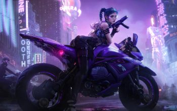 Wallpaper Cyberpunk Biker Girl Motorcycle