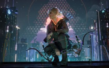 Wallpaper Cyberpunk City Girl Bow Art