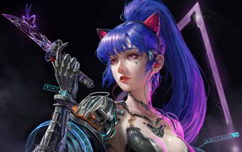 Wallpaper Cyberpunk Girl Assassin Blue Hair Sci-Fi