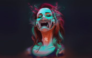 Wallpaper Cyberpunk Girl Futuristic Oni Mask