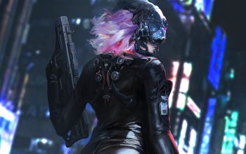 Wallpaper Cyberpunk Girl Gun Art