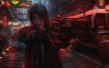 Wallpaper Cyberpunk Girl Gun Smoking Sci-Fi