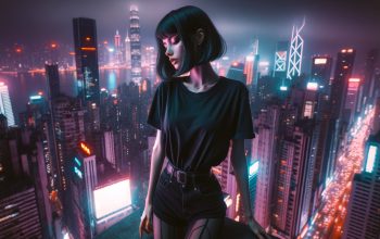 Wallpaper Cyberpunk Girl Night City Buildings Sci-Fi