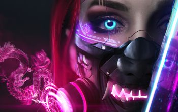 Wallpaper Cyberpunk Girl Oni Mask Sci-Fi Digital Art