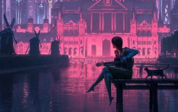 Wallpaper Cyberpunk Girl Playing Guitar with Cat