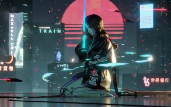 Wallpaper Cyberpunk Girl Sword City Sci-Fi