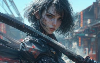 Wallpaper Cyberpunk Girl Sword Sci-Fi