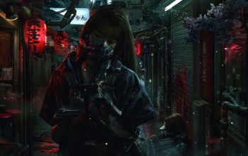 Wallpaper Cyberpunk Girls Mask Gun Sci-Fi