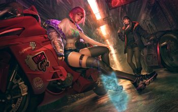 Wallpaper Cyberpunk Girls Motorcycle Sci-Fi