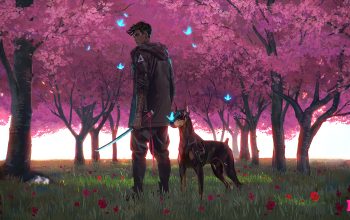 Wallpaper Cyberpunk Katana Dog Digital Art