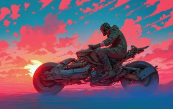 Wallpaper Cyberpunk Motorcycle Sunset