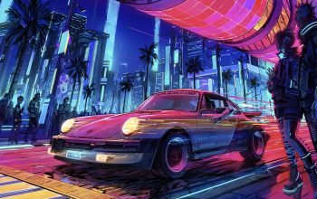 Wallpaper Cyberpunk Night City Porsche Sports Car