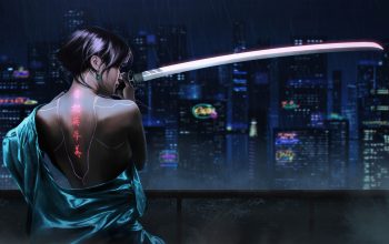 Wallpaper Cyberpunk Samurai Girl Katana
