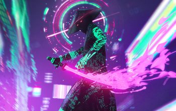 Wallpaper Cyberpunk Warrior Neon Sci-Fi Sword