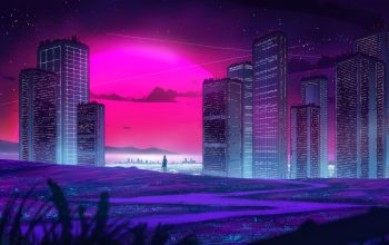 Wallpaper Futuristic City Building Night Sky Moon Sci-Fi