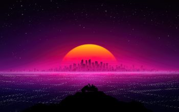 Wallpaper Futuristic City Sunset Night Sky Vaporwave Synthwave