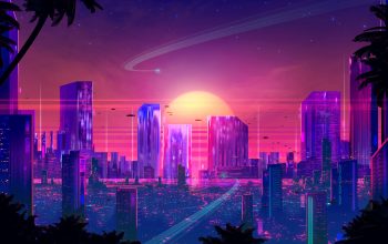 Wallpaper Futuristic City Sunset Vaporwave Synthwave
