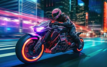 Wallpaper Motorcycle Neon Street Cyberpunk Sci-Fi