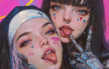 Wallpaper Nun Anime Girl Tongue Out Cyberpunk