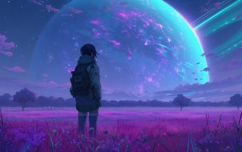 Wallpaper Planet Night Sky Scenery Anime Girl