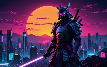 Wallpaper Samurai Sci-Fi City Moon
