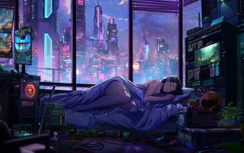 Wallpaper Sci-Fi Cyberpunk City Girl Sleeping