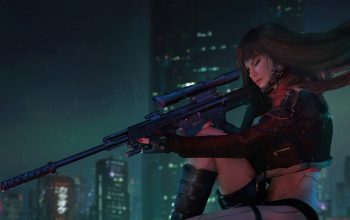 Wallpaper Sniper Girl Cyberpunk Sci-Fi