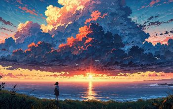 Wallpaper Sunset Scenery Anime Girl Ocean Sky Clouds