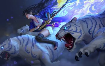 Wallpaper White Tiger Fantasy Girl Katana