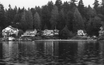 Wallpaper Grayscale Building by Water