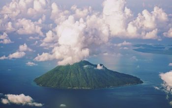 Wallpaper Green Mountain Under White Clouds and Blue Sky