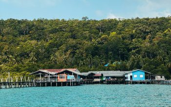Wallpaper White and Brown Wooden House on Green Water