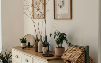 Wallpaper Brown Woven Basket on White Wooden Cabinet
