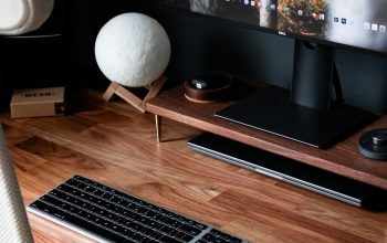 Wallpaper Silver MacBook Pro on Brown Wooden Desk