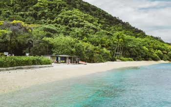 Wallpaper A Sandy Beach Next to a Lush Green Hillside