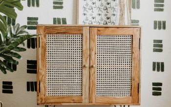Wallpaper A Wooden Cabinet in Front of a Wall with a Plant