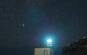 Wallpaper A House on a Rocky Shore at Night with the Milky Way Above