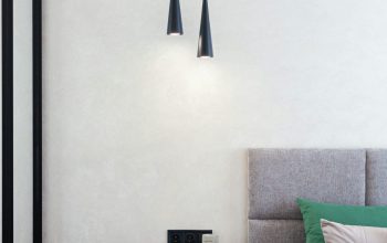 Wallpaper A Bedroom with a Bed, Nightstand, and Hanging Lights