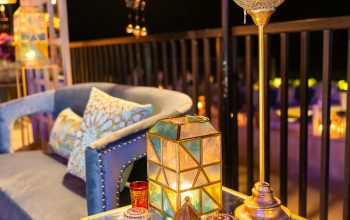 Wallpaper Decorated Outdoor Space Illuminated by Lanterns